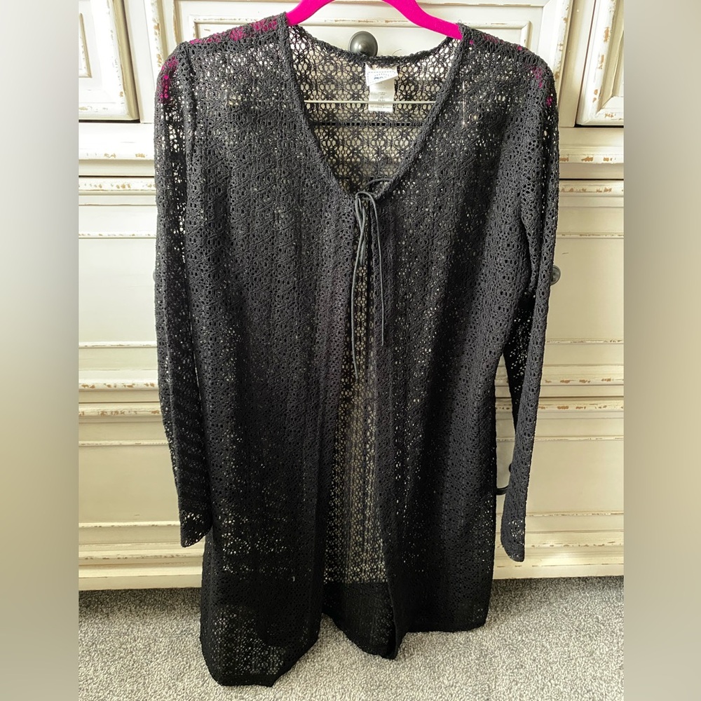 Black Crochet Cardigan with front tie beach cover up (M)